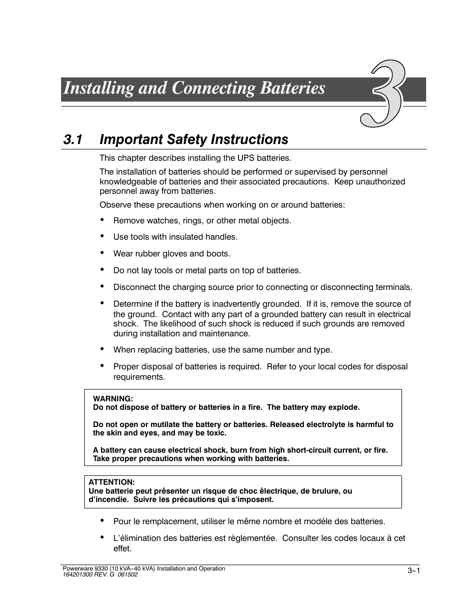 Installing and connecting batteries, 1 important safety instructions | Powerware 9330 User Manual | Page 57 / 246