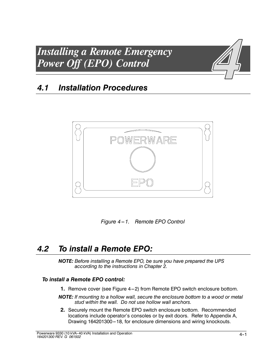 1 installation procedures, 2 to install a remote epo | Powerware 9330 User Manual | Page 65 / 246