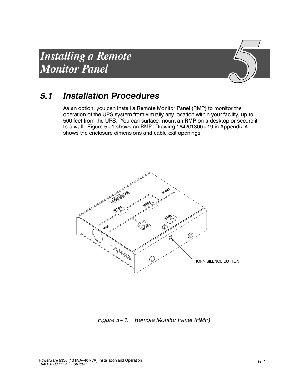 Installing a remote monitor panel, 1 installation procedures | Powerware 9330 User Manual | Page 69 / 246