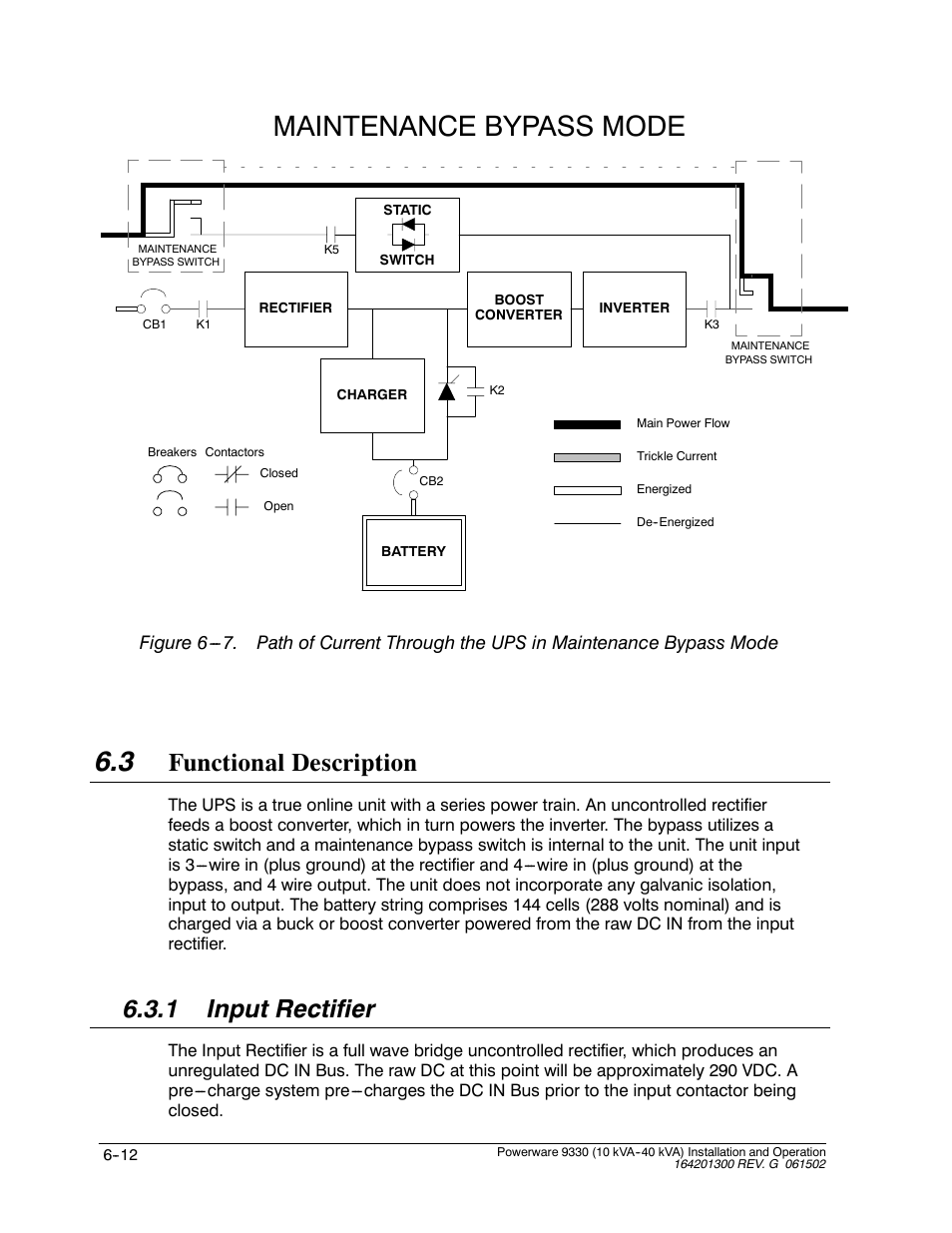 Maintenance bypass mode, Functional description, 1 input rectifier | Powerware 9330 User Manual | Page 86 / 246
