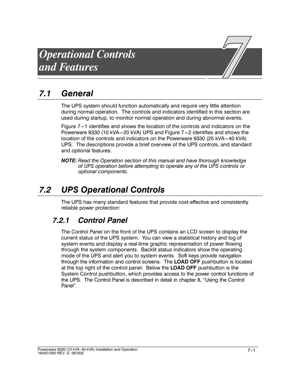 Operational controls and features, 1 general, 2 ups operational controls | 1 control panel | Powerware 9330 User Manual | Page 89 / 246