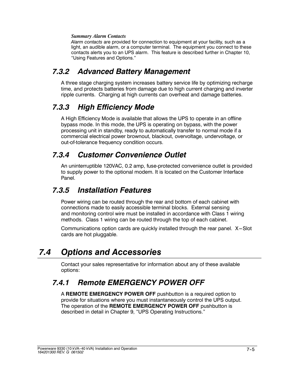 4 options and accessories, 2 advanced battery management, 3 high efficiency mode | 4 customer convenience outlet, 5 installation features, 1 remote emergency power off | Powerware 9330 User Manual | Page 93 / 246