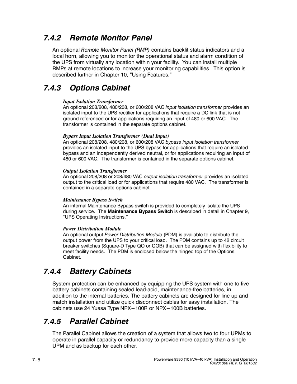 2 remote monitor panel, 3 options cabinet, 4 battery cabinets | 5 parallel cabinet | Powerware 9330 User Manual | Page 94 / 246