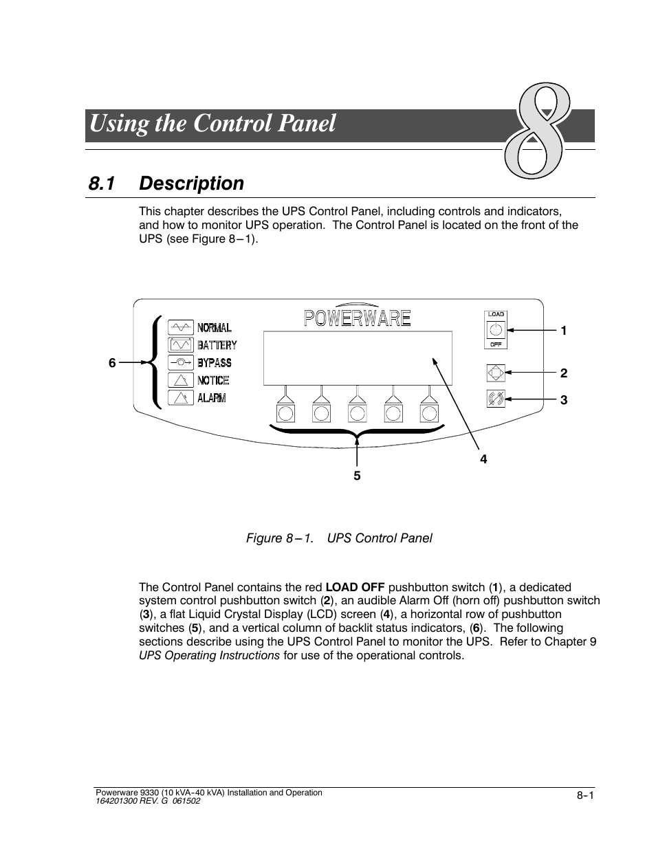 Using the control panel, 1 description | Powerware 9330 User Manual | Page 99 / 246