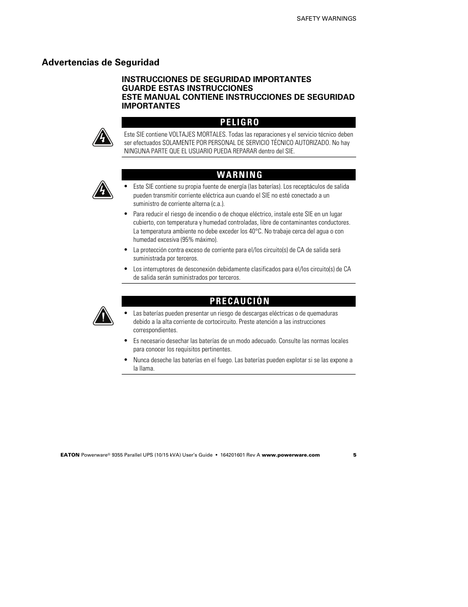 Advertencias de seguridad | Powerware 9355 User Manual | Page 11 / 62