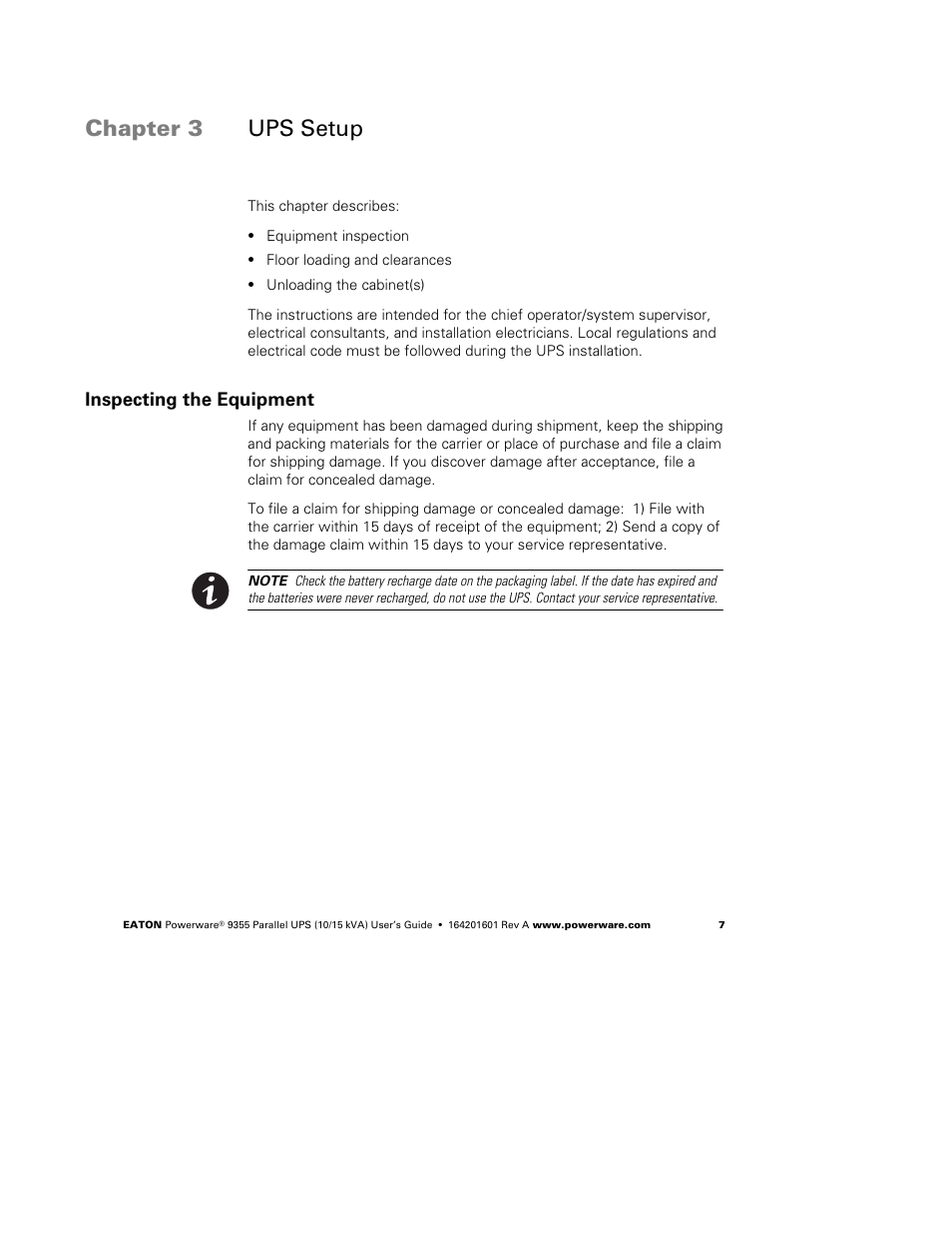 Chapter 3 ups setup, Inspecting the equipment | Powerware 9355 User Manual | Page 13 / 62