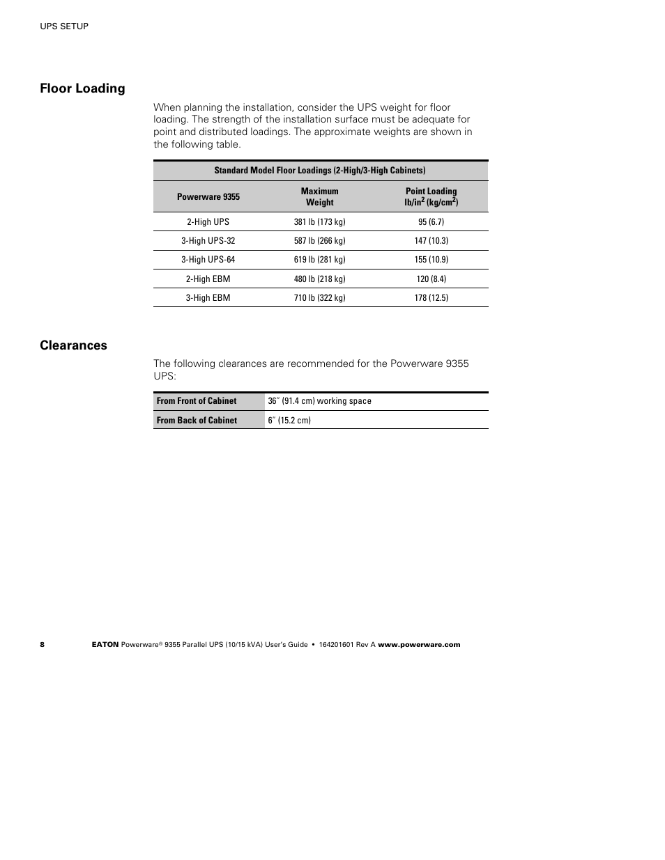 Floor loading, Clearances | Powerware 9355 User Manual | Page 14 / 62