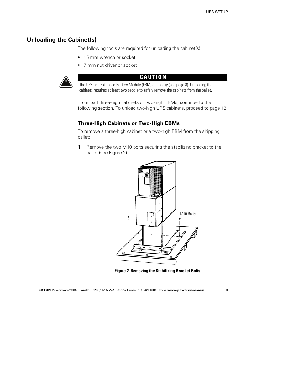 Unloading the cabinet(s), Three-high cabinets or two-high ebms | Powerware 9355 User Manual | Page 15 / 62