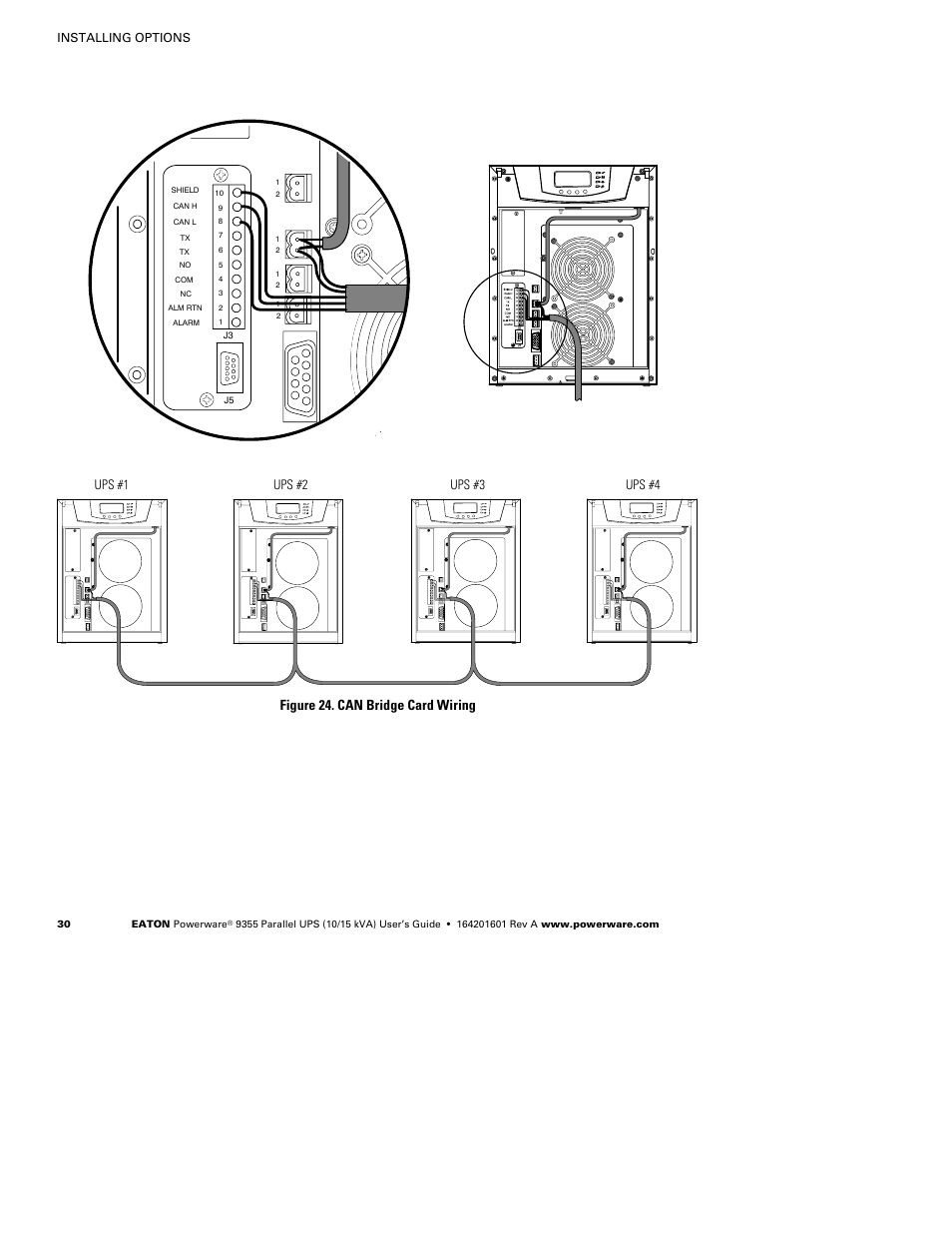 Figure 24. can bridge card wiring, Ups #1 ups #2 ups #3 ups #4, Installing options | Powerware 9355 User Manual | Page 36 / 62