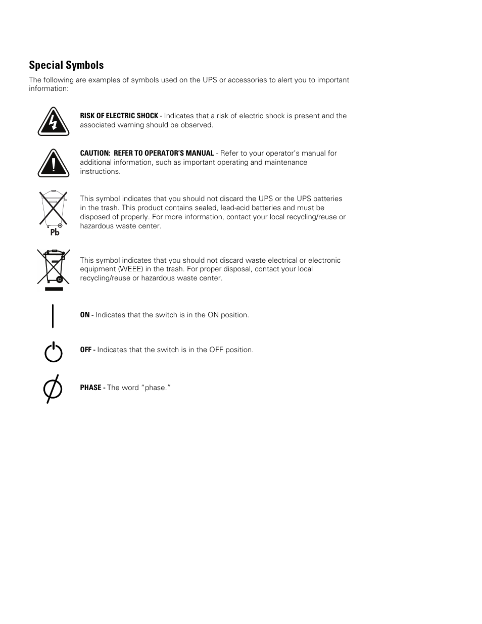 Special symbols | Powerware 9355 User Manual | Page 4 / 62