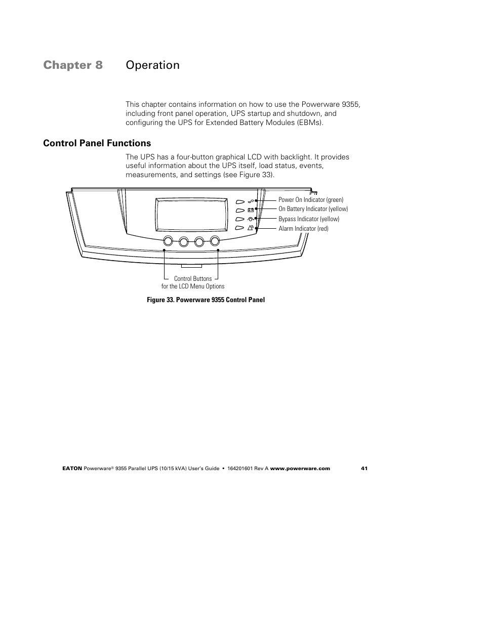 Chapter 8 operation, Control panel functions | Powerware 9355 User Manual | Page 47 / 62