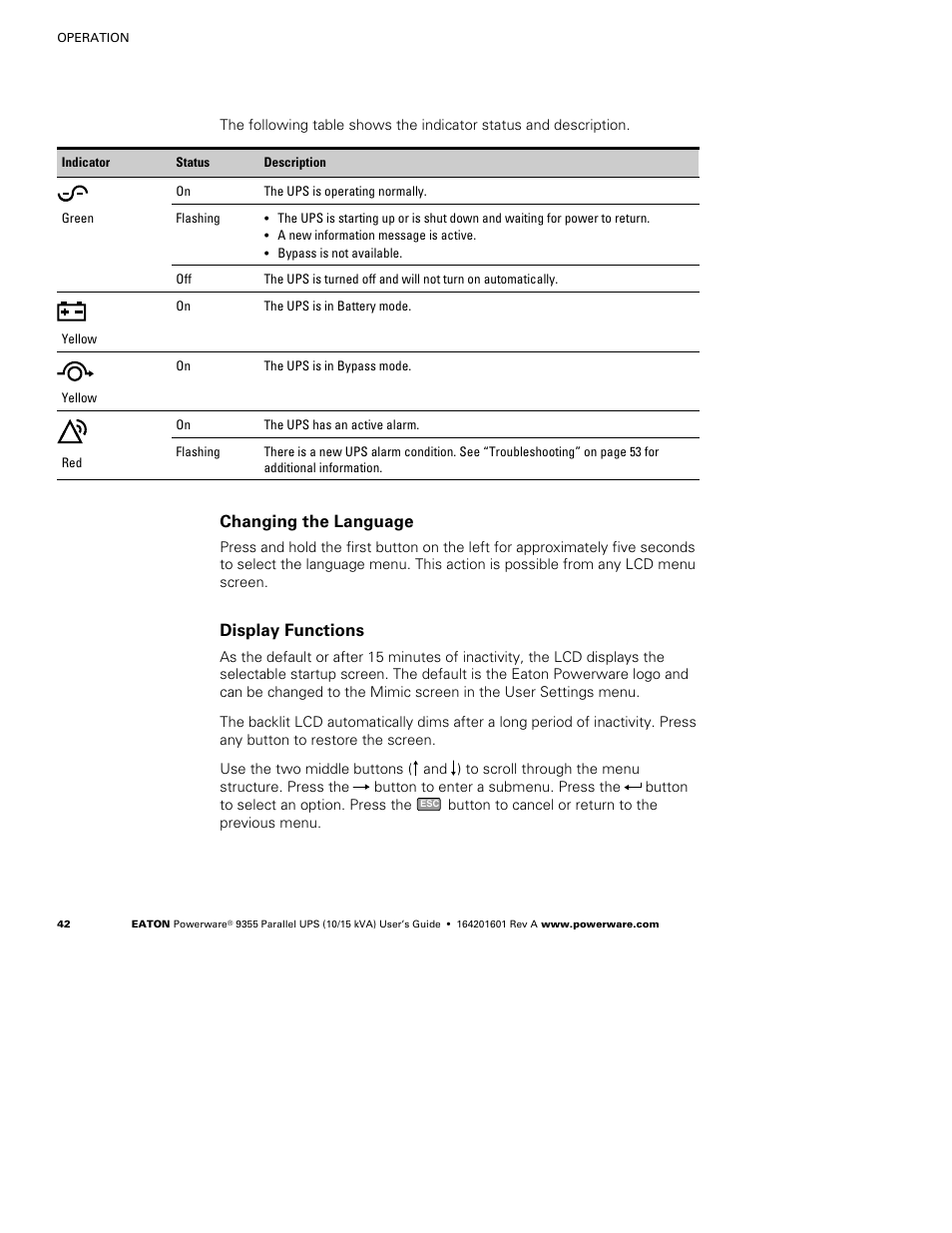 Changing the language, Display functions | Powerware 9355 User Manual | Page 48 / 62