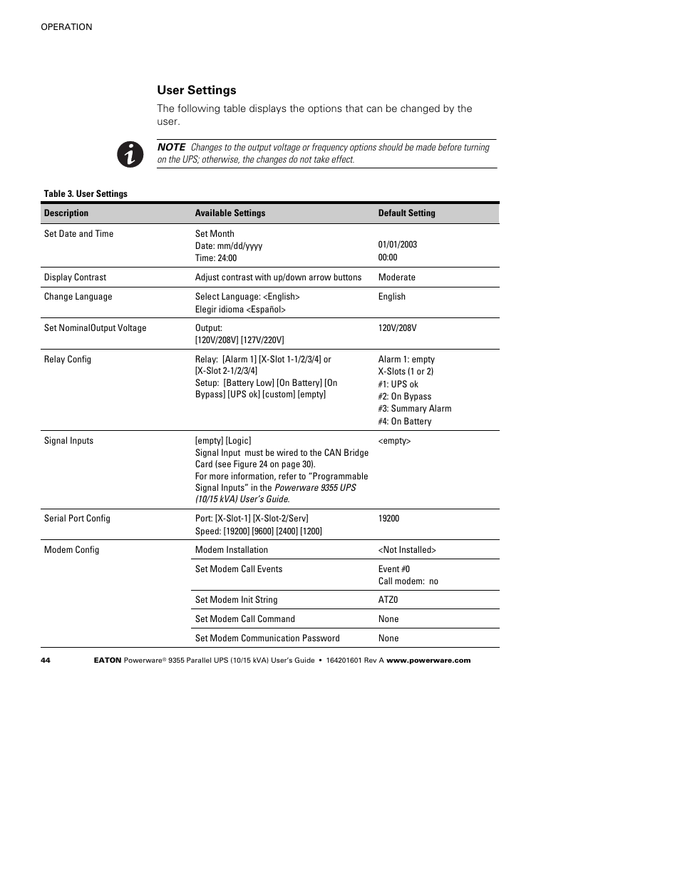 User settings | Powerware 9355 User Manual | Page 50 / 62