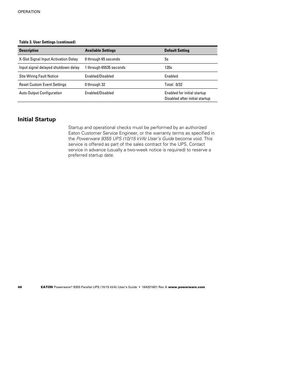 Initial startup | Powerware 9355 User Manual | Page 52 / 62