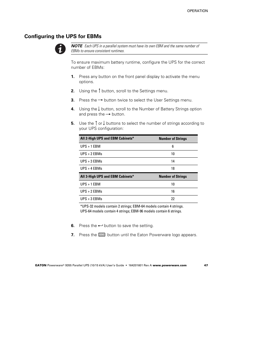 Configuring the ups for ebms | Powerware 9355 User Manual | Page 53 / 62