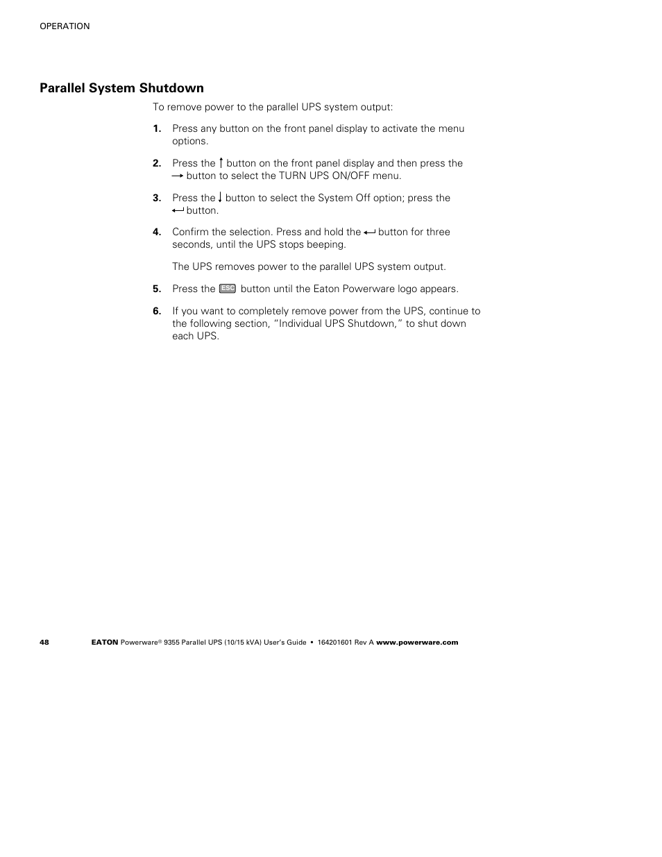 Parallel system shutdown | Powerware 9355 User Manual | Page 54 / 62