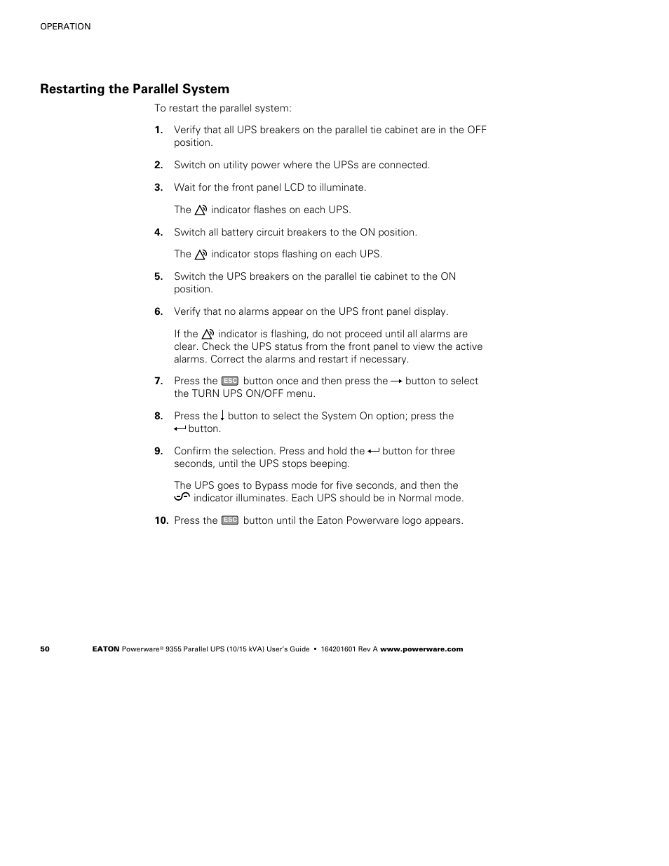 Restarting the parallel system | Powerware 9355 User Manual | Page 56 / 62