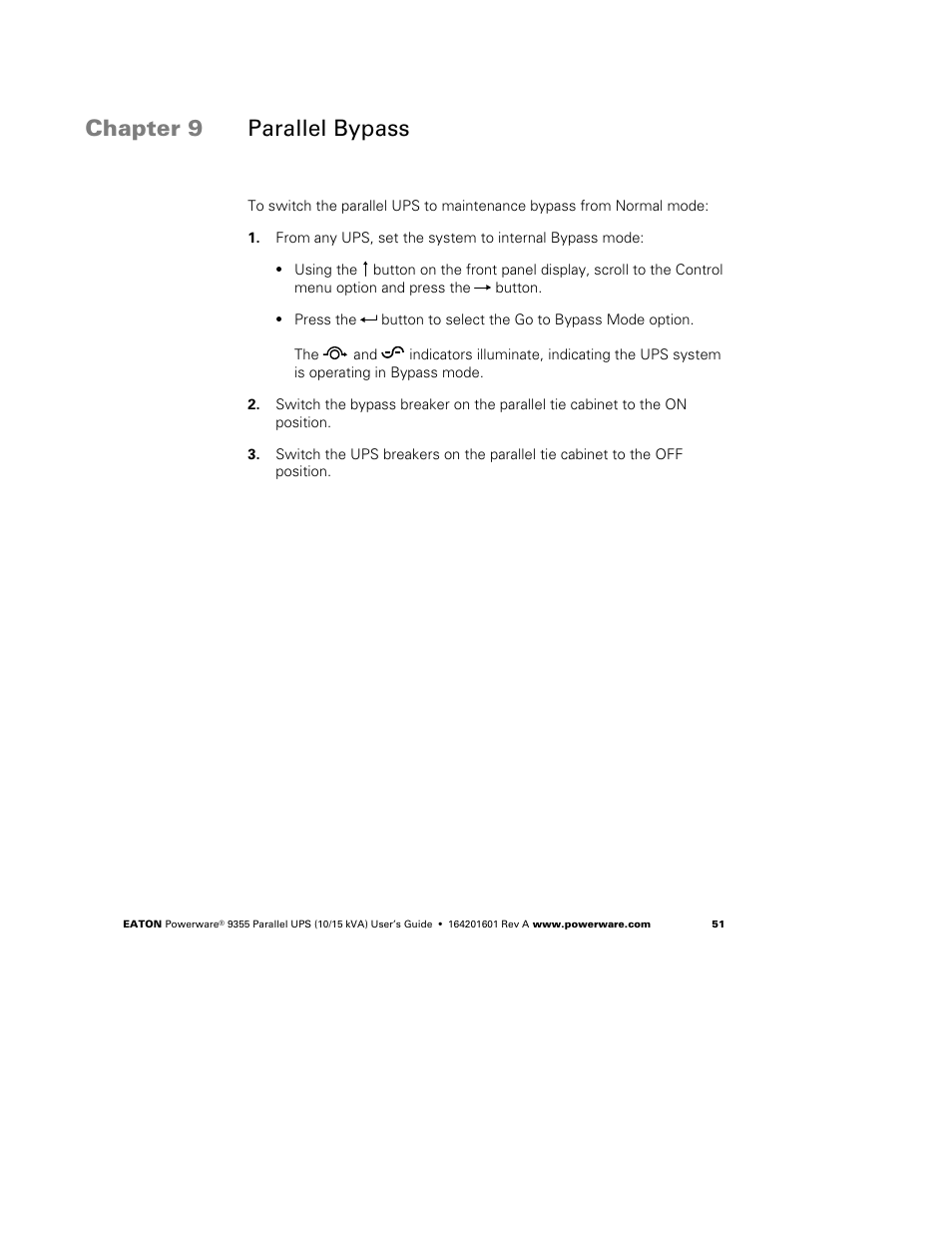 Chapter 9 parallel bypass | Powerware 9355 User Manual | Page 57 / 62