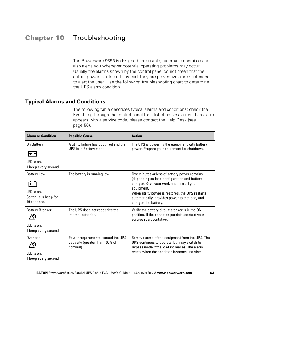 Chapter 10 troubleshooting, Typical alarms and conditions | Powerware 9355 User Manual | Page 59 / 62