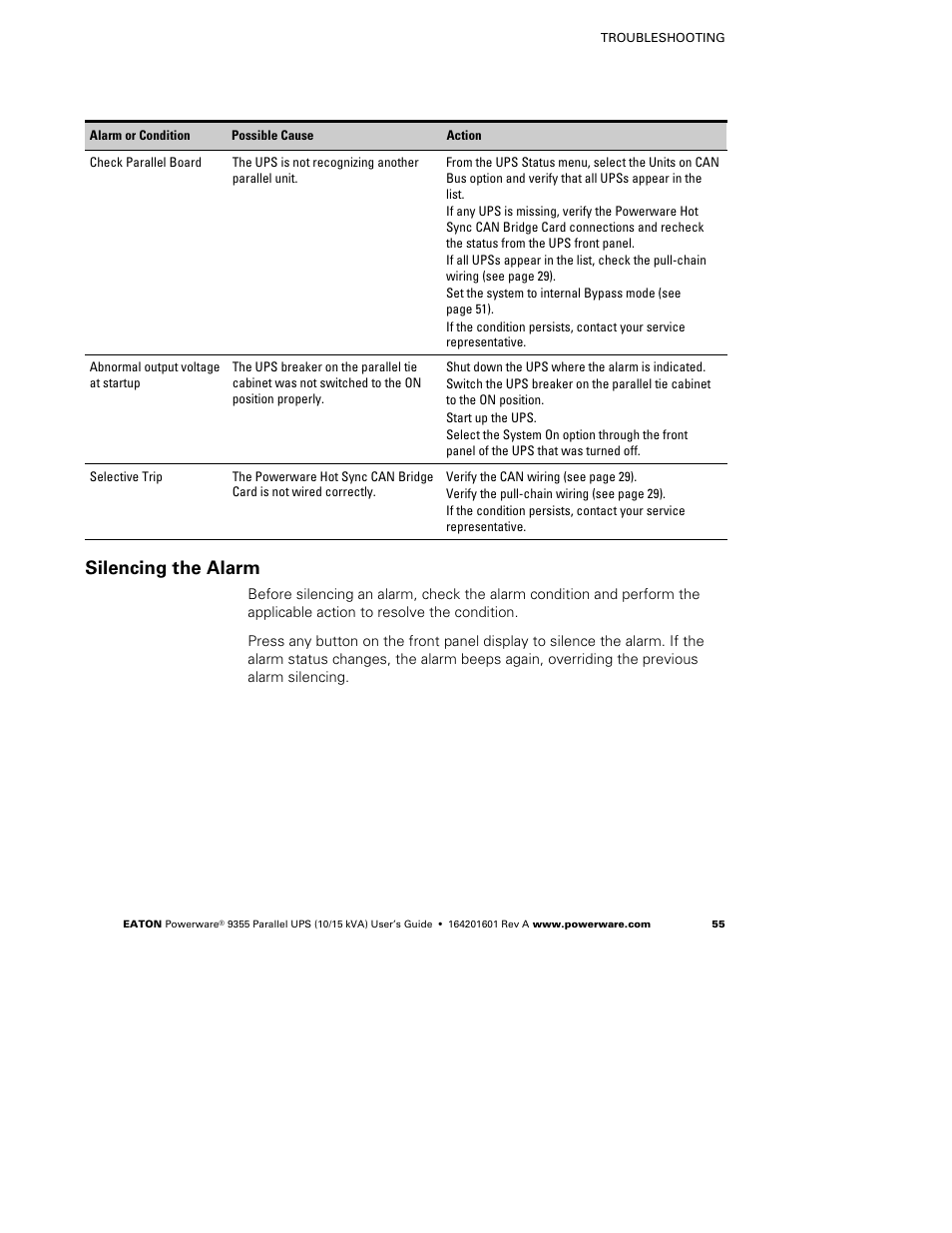 Silencing the alarm | Powerware 9355 User Manual | Page 61 / 62