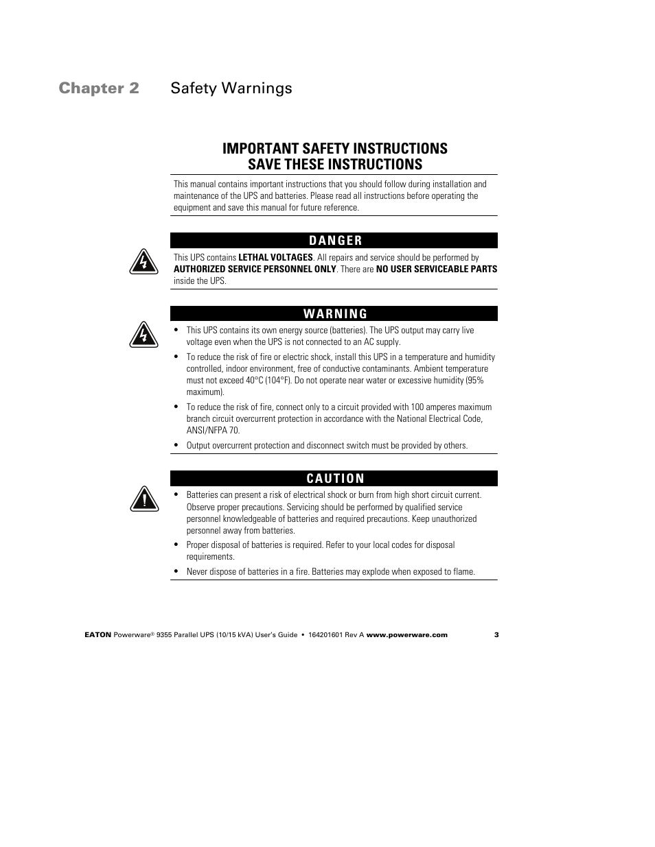 Chapter 2 safety warnings | Powerware 9355 User Manual | Page 9 / 62