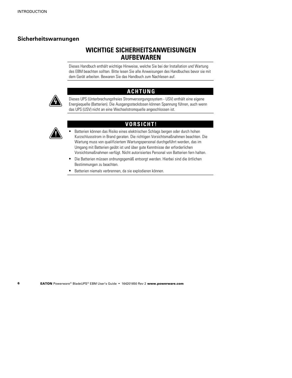 Wichtige sicherheitsanweisungen aufbewaren, Sicherheitswarnungen | Powerware BladeUPS none User Manual | Page 10 / 32