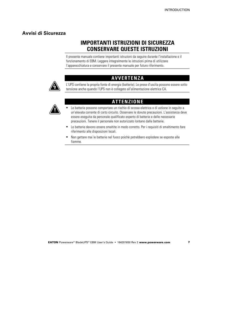 Avvisi di sicurezza | Powerware BladeUPS none User Manual | Page 11 / 32