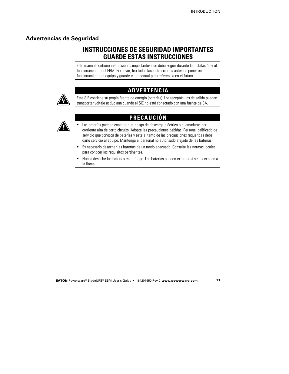 Advertencias de seguridad | Powerware BladeUPS none User Manual | Page 15 / 32