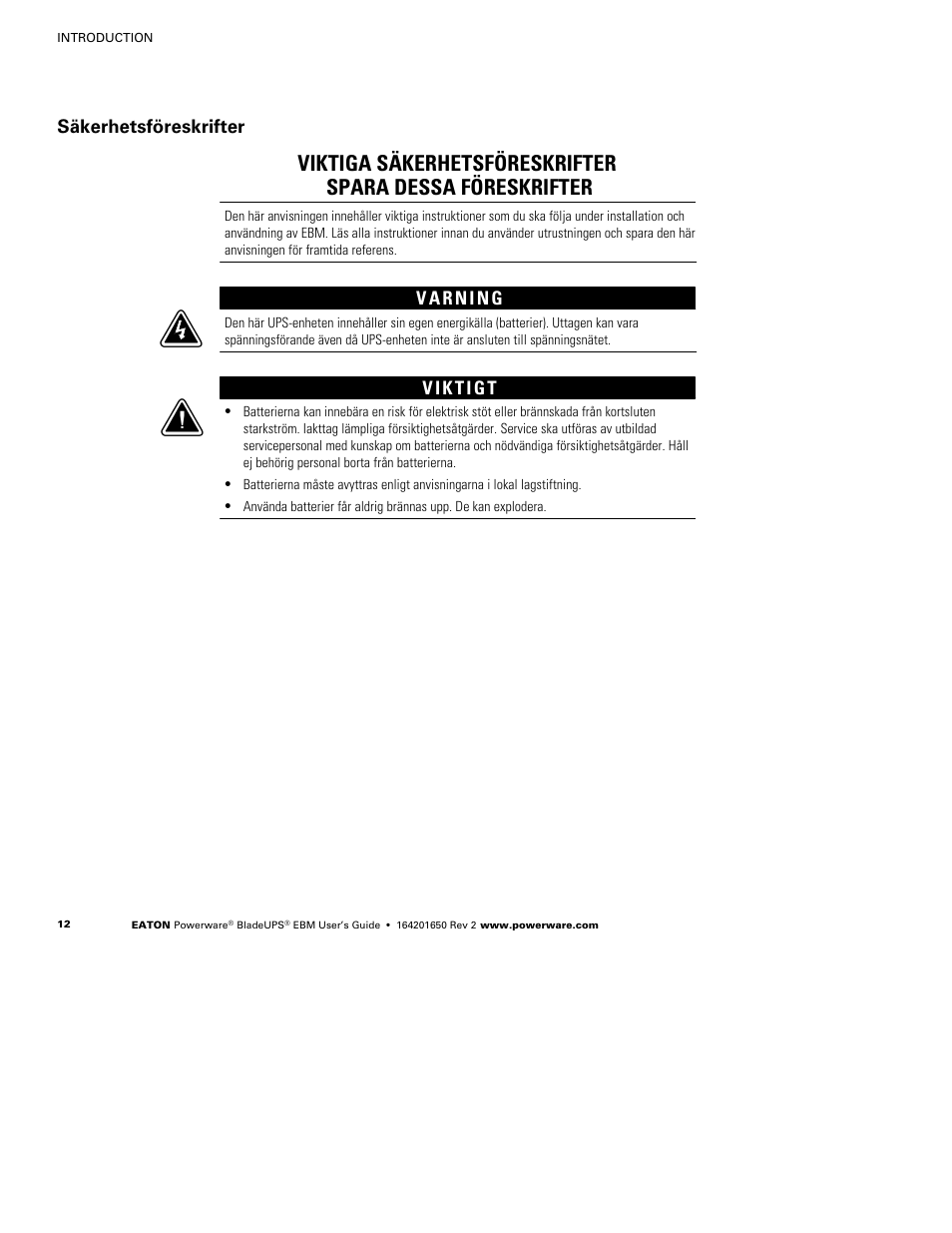 Säkerhetsföreskrifter | Powerware BladeUPS none User Manual | Page 16 / 32