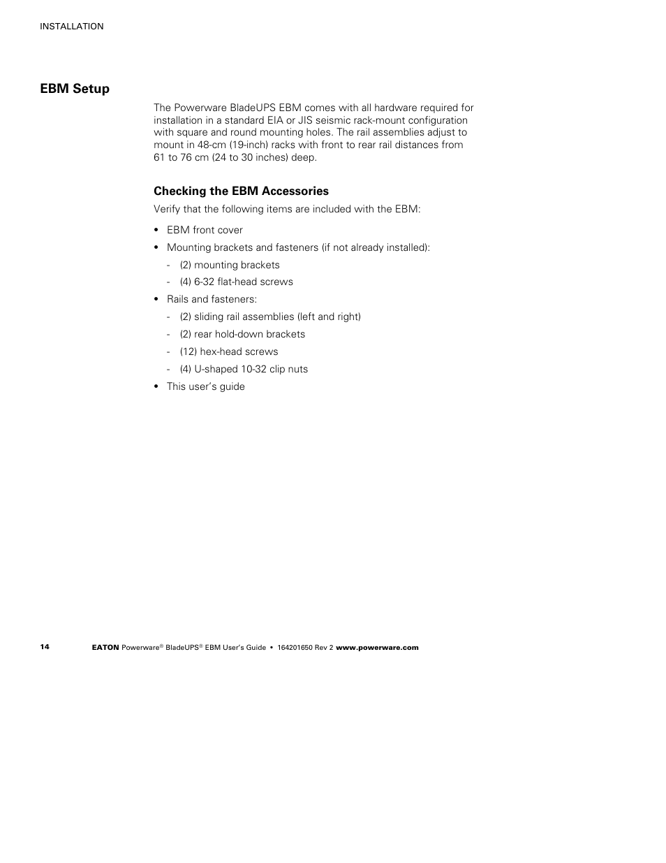 Ebm setup, Checking the ebm accessories | Powerware BladeUPS none User Manual | Page 18 / 32