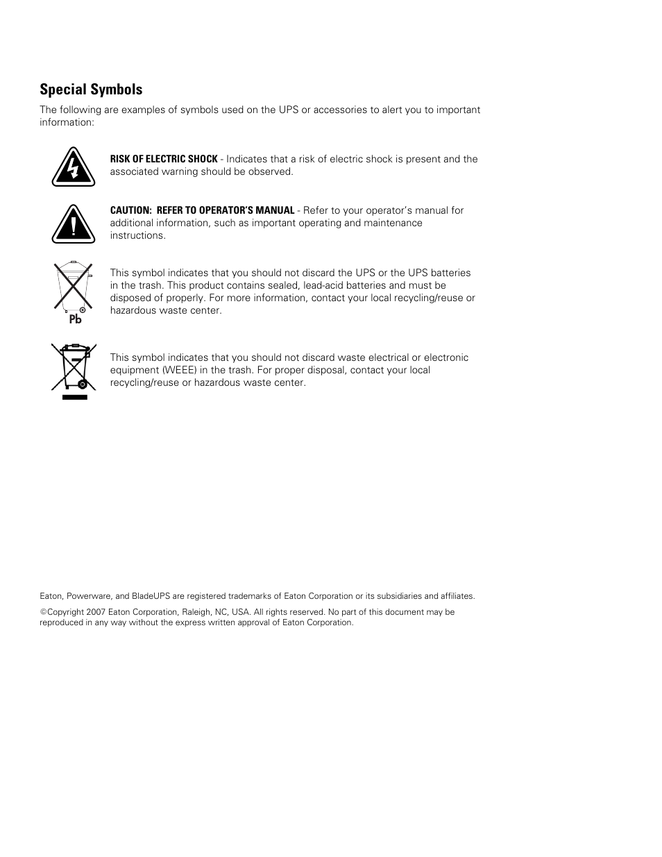 Special symbols | Powerware BladeUPS none User Manual | Page 2 / 32
