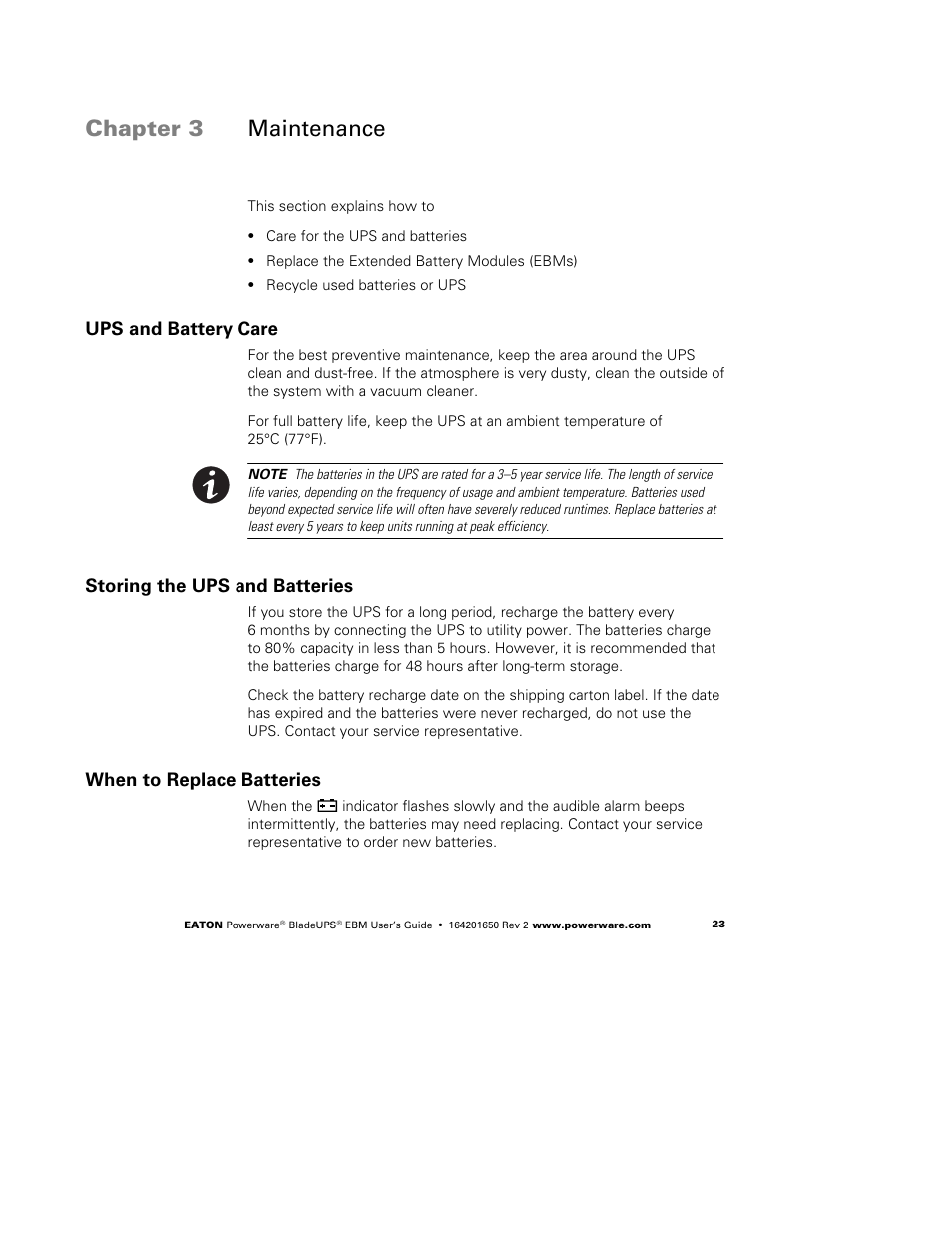 Chapter 3 maintenance, Ups and battery care, Storing the ups and batteries | When to replace batteries | Powerware BladeUPS none User Manual | Page 27 / 32