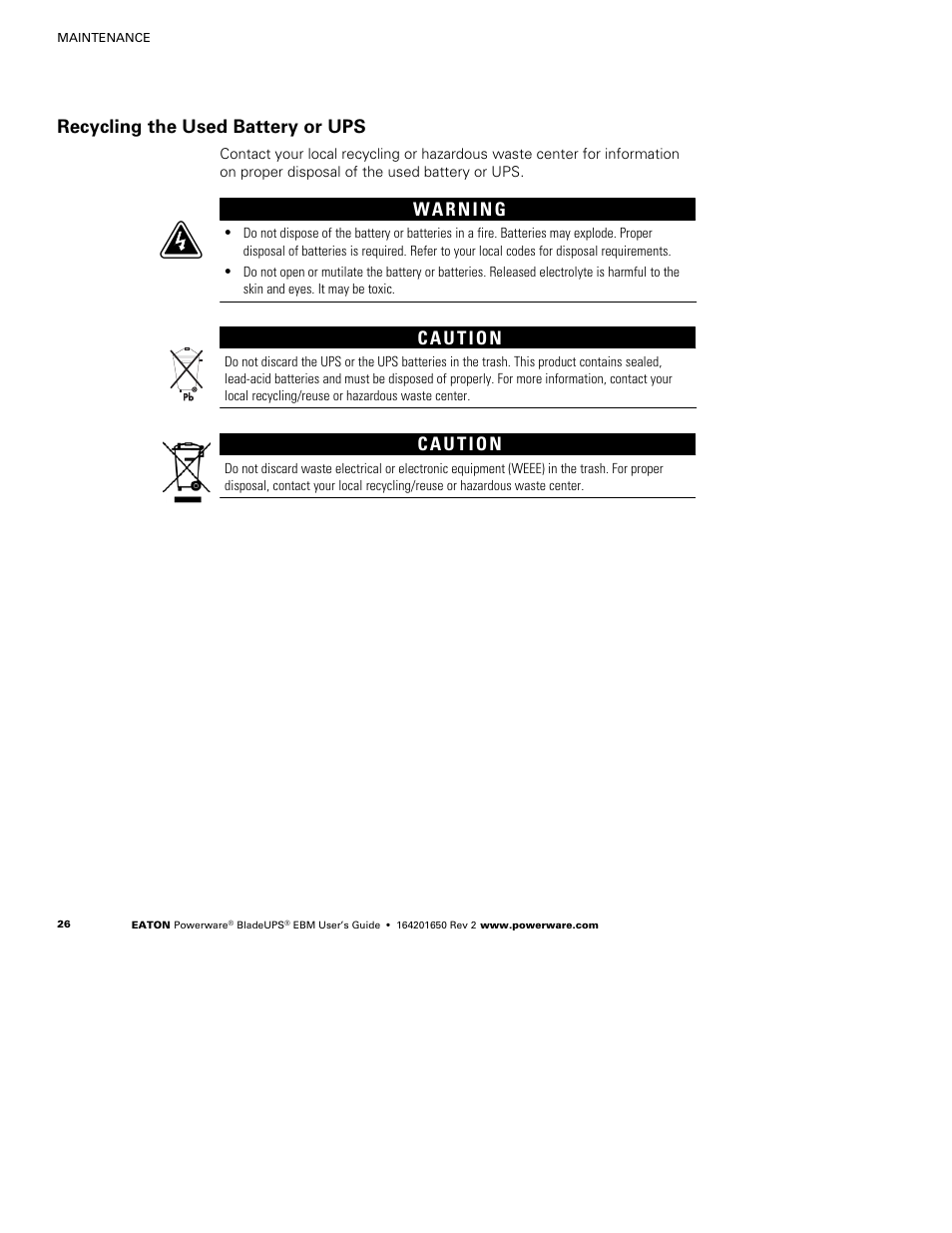 Recycling the used battery or ups | Powerware BladeUPS none User Manual | Page 30 / 32