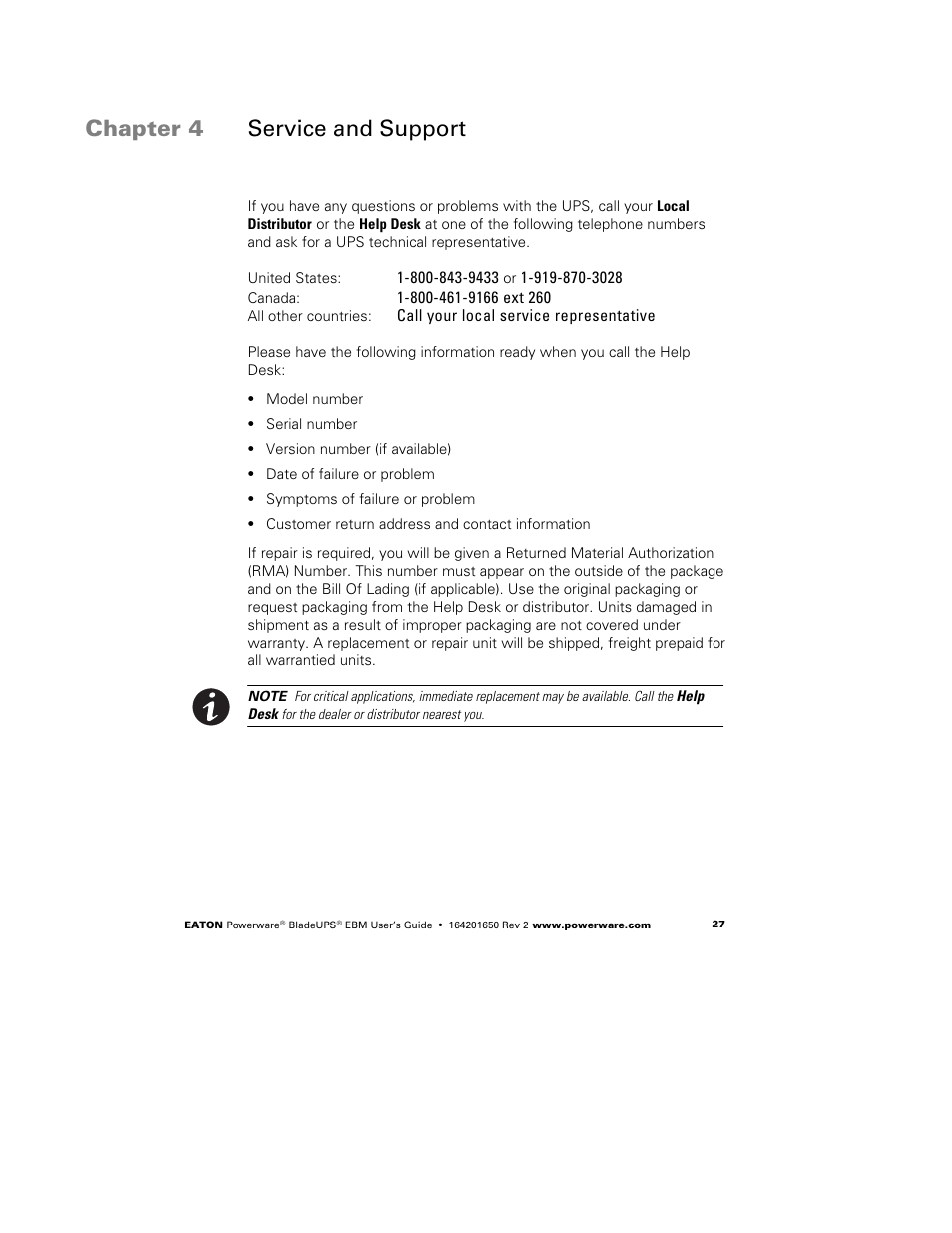 Chapter 4 service and support | Powerware BladeUPS none User Manual | Page 31 / 32