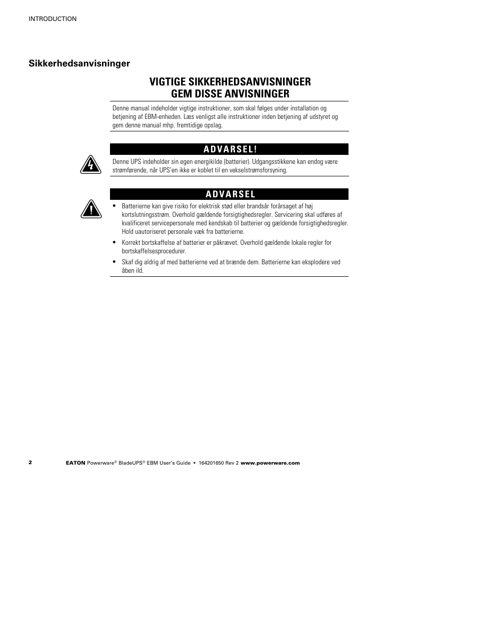 Sikkerhedsanvisninger | Powerware BladeUPS none User Manual | Page 6 / 32