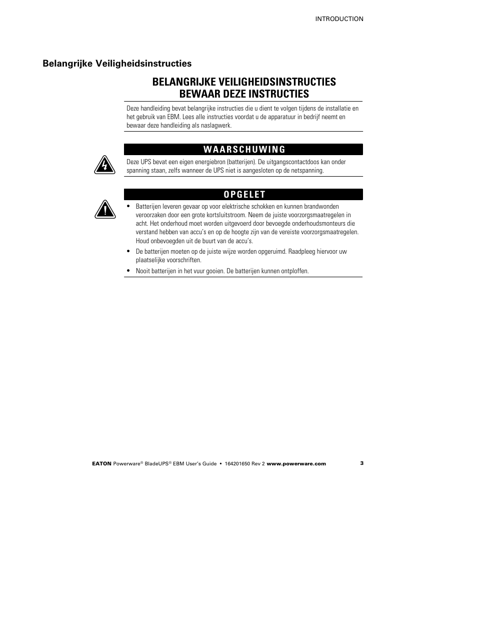 Belangrijke veiligheidsinstructies | Powerware BladeUPS none User Manual | Page 7 / 32