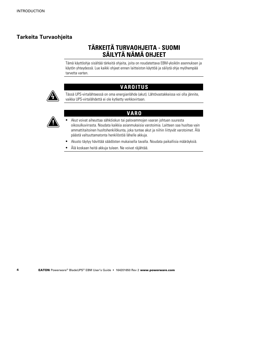 Tärkeitä turvaohjeita - suomi säilytä nämä ohjeet, Tarkeita turvaohjeita, V a r o | Powerware BladeUPS none User Manual | Page 8 / 32