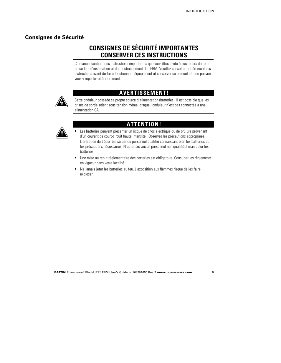 Consignes de sécurité | Powerware BladeUPS none User Manual | Page 9 / 32