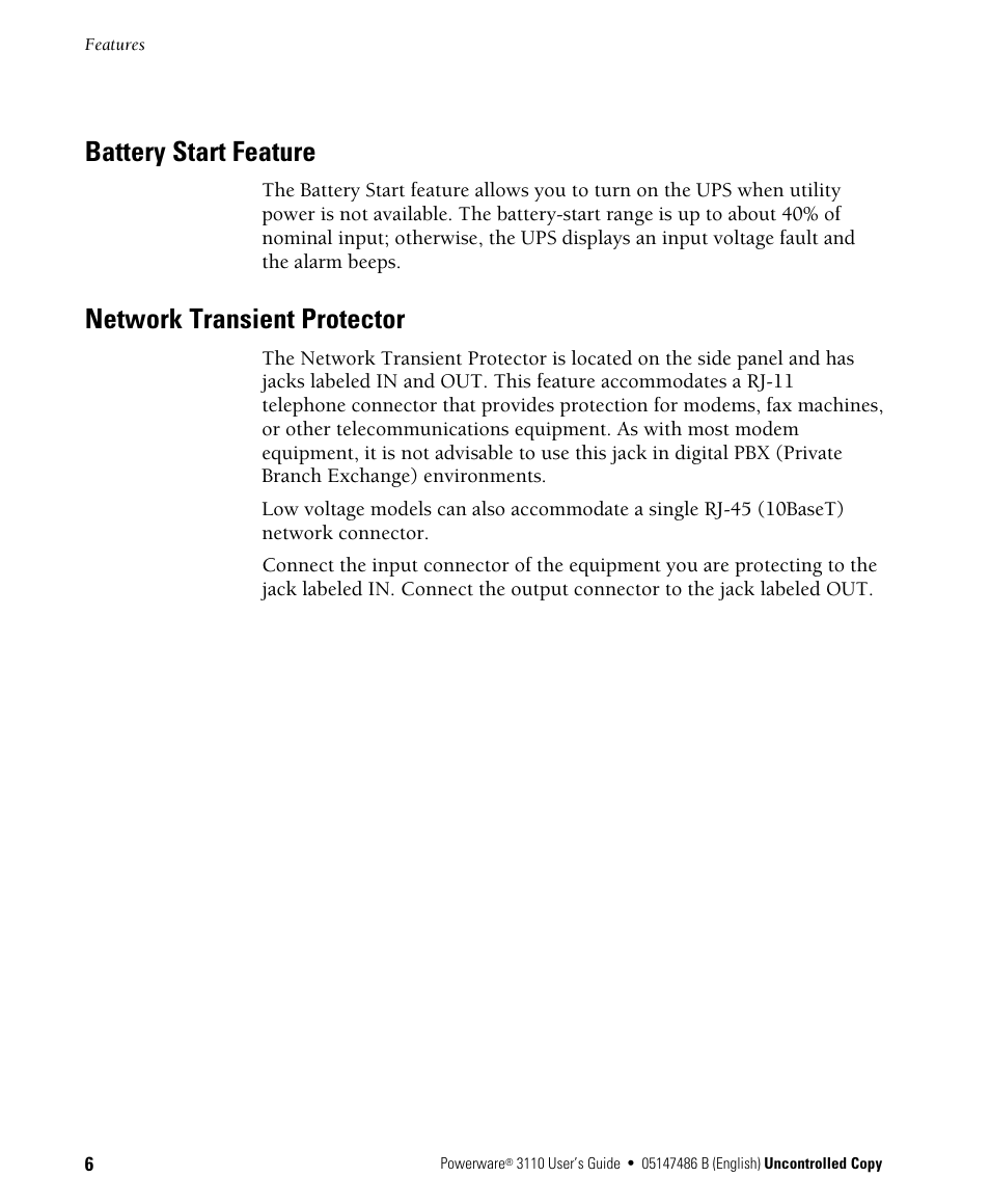 Battery start feature, Network transient protector | Powerware 3110 User Manual | Page 10 / 18