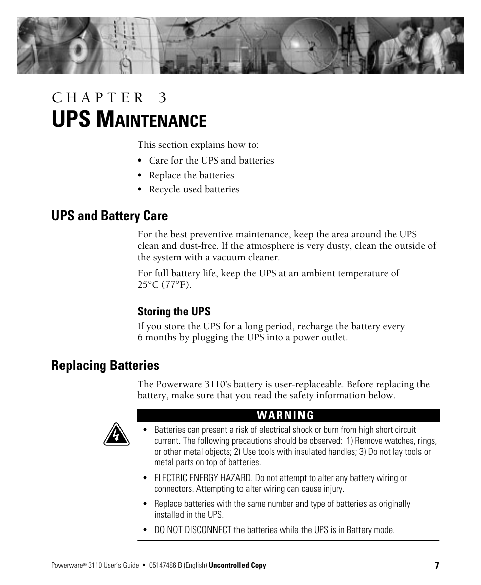 Ups m, Aintenance, Ups and battery care | Replacing batteries | Powerware 3110 User Manual | Page 11 / 18