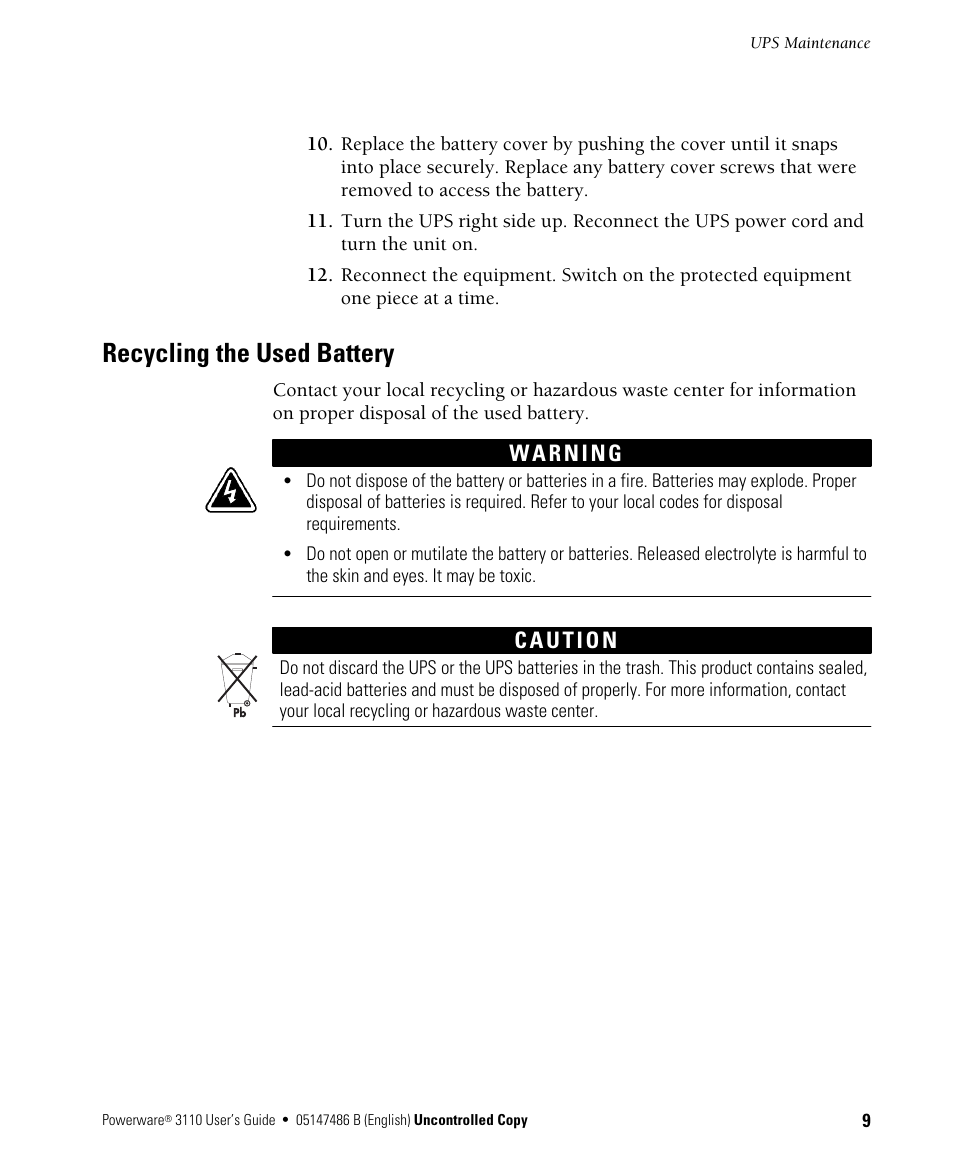 Recycling the used battery | Powerware 3110 User Manual | Page 13 / 18