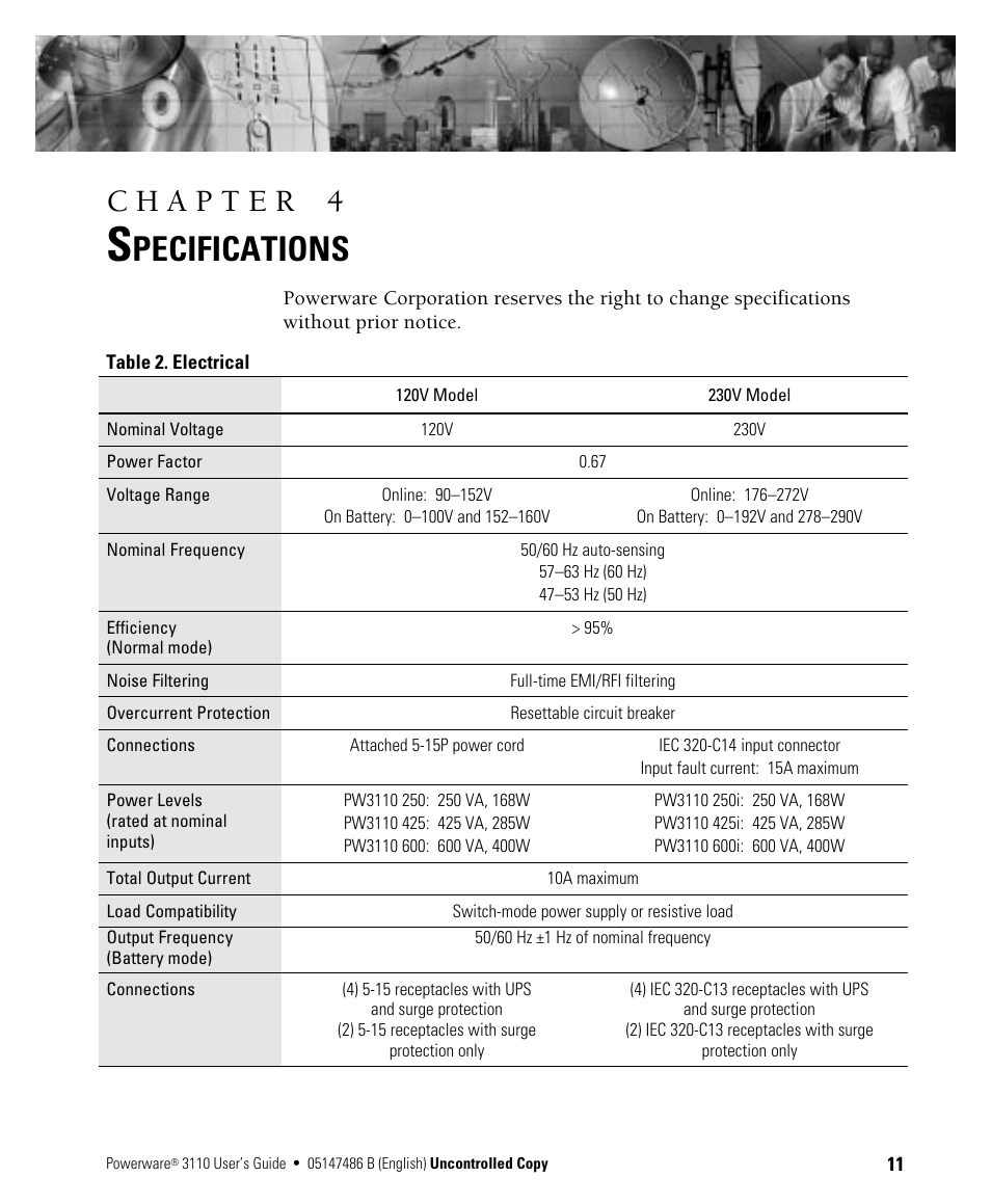 Pecifications | Powerware 3110 User Manual | Page 15 / 18