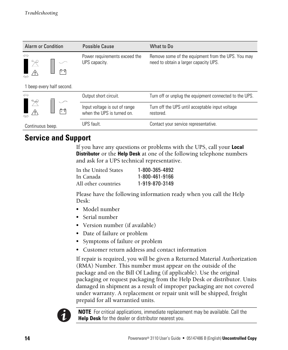 Service and support | Powerware 3110 User Manual | Page 18 / 18