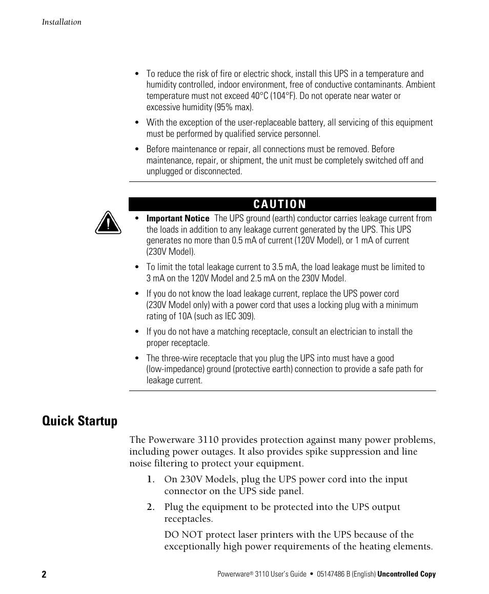 Quick startup | Powerware 3110 User Manual | Page 6 / 18