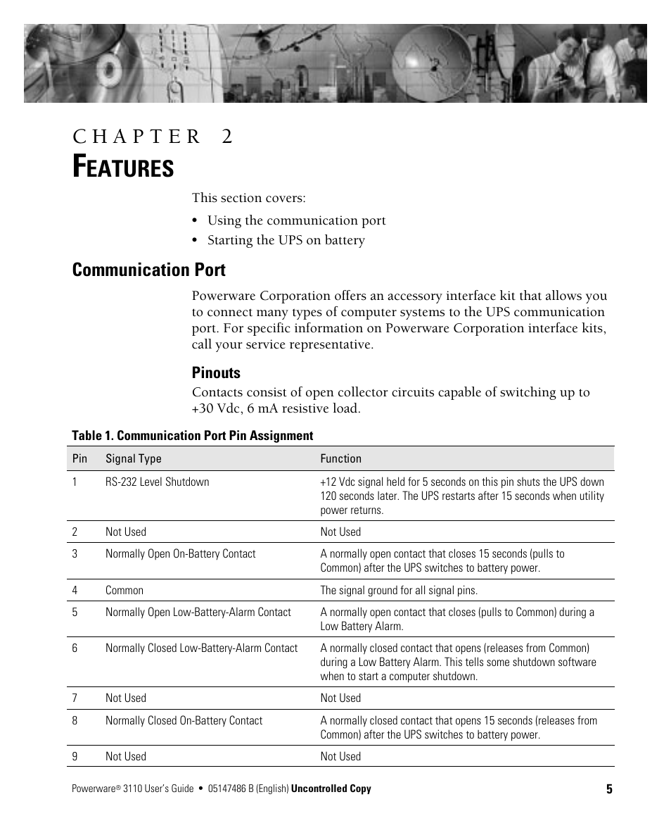 Eatures, Communication port, Pinouts | Powerware 3110 User Manual | Page 9 / 18