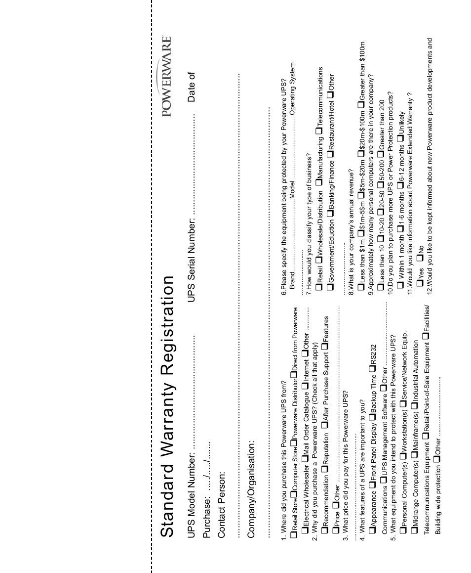 Standard w arranty registration | Powerware 5115A USB User Manual | Page 42 / 44