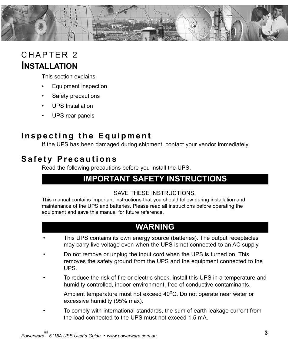 Important safety instructions warning, Nstallation | Powerware 5115A USB User Manual | Page 9 / 44