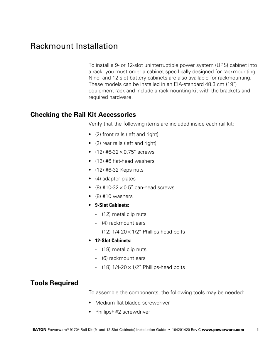 Rackmount installation, Checking the rail kit accessories, Tools required | Powerware 9170+ User Manual | Page 3 / 12