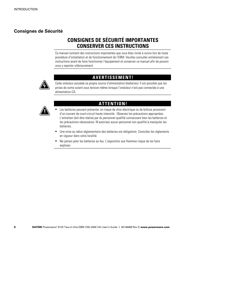 Consignes de sécurité | Powerware 9125 User Manual | Page 10 / 30