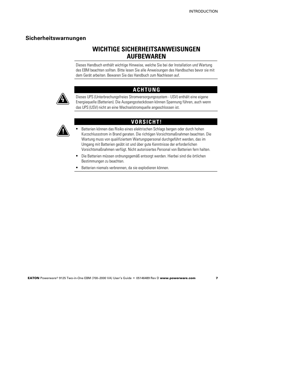 Wichtige sicherheitsanweisungen aufbewaren, Sicherheitswarnungen | Powerware 9125 User Manual | Page 11 / 30